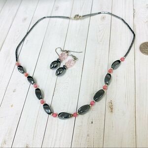 Hematite Pink Stone Necklace Earrings‎